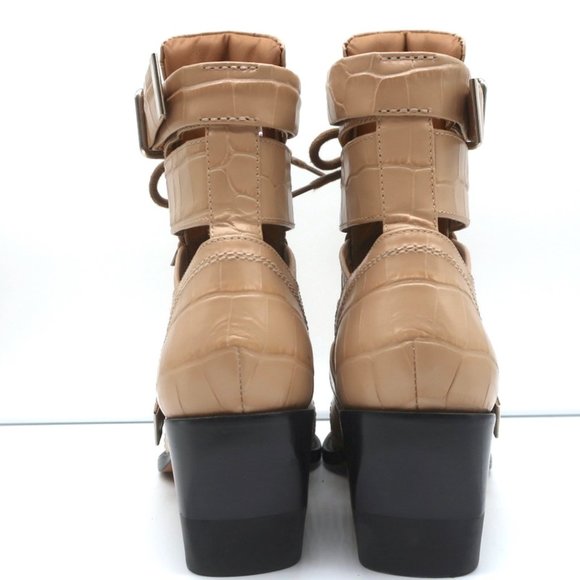 CHLOE RYLEE CUTOUT LACE-UP ANKLE BOOTS BEIGE CROC-EFFECT LEATHER SIZE 38.5 - Picture 8 of 12